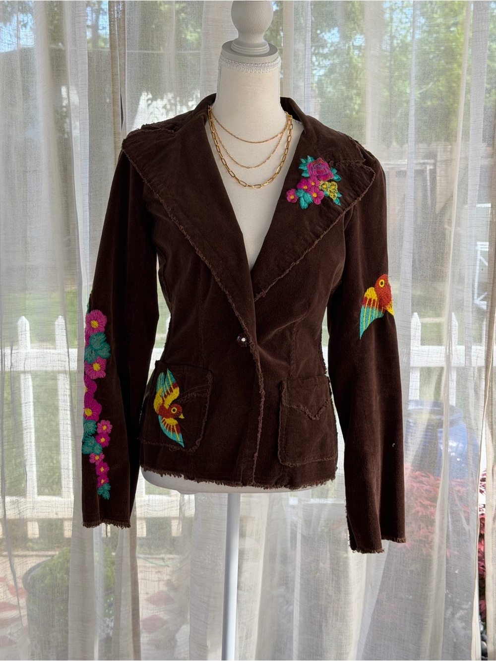Johnny Was Embroidered Brown Corduroy Jacket with Floral & Bird Motifs Blazer Sm - Picture 2 of 14